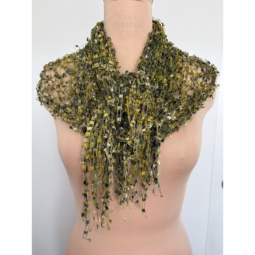 Textured Openwork Knit Green Yellow Shawl Scarf Fairy Grunge Goblin Cottage Y2K